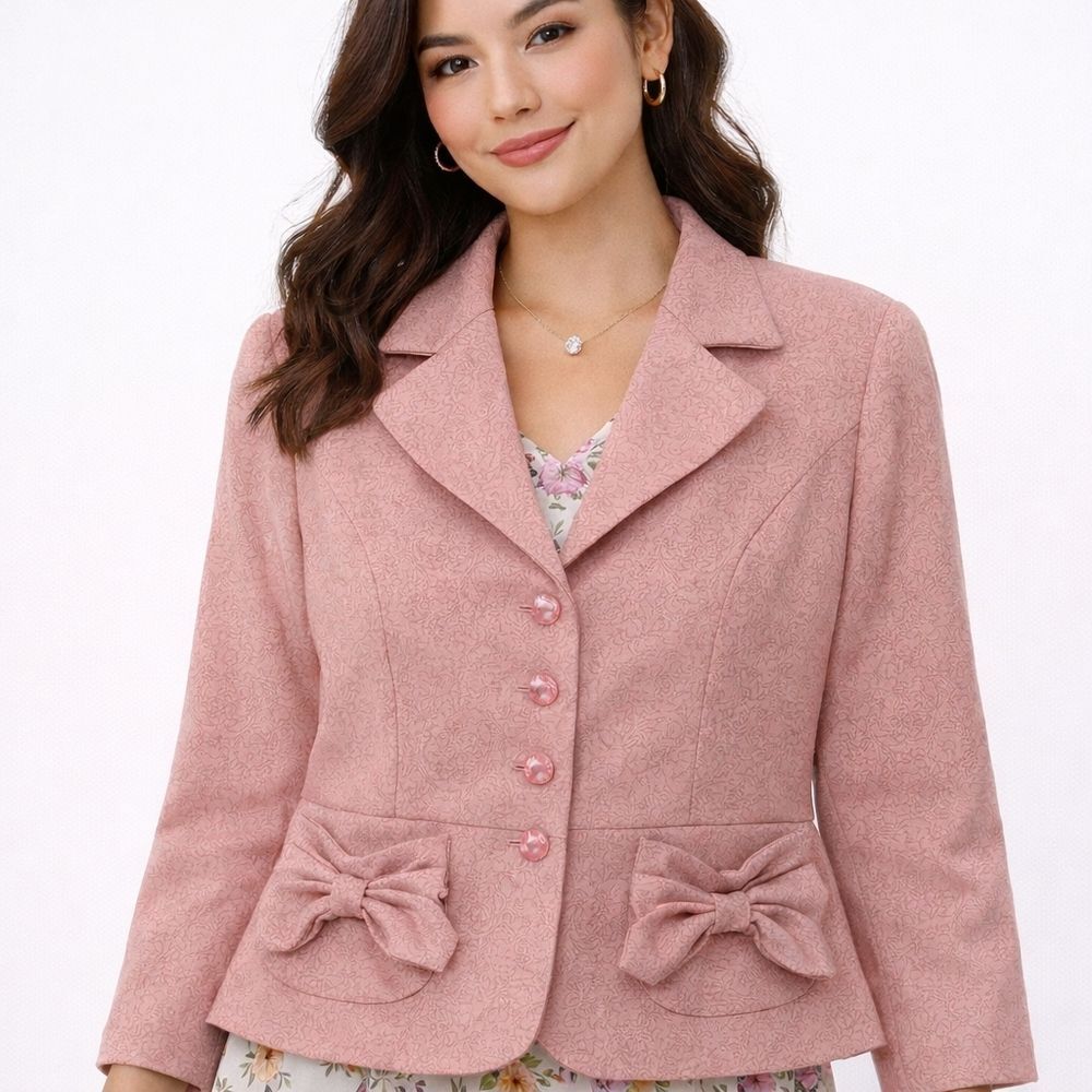 Vintage Miss Dorby Pink Floral Jacquard Blazer 8P Coquette Aesthetic Bow Pockets
